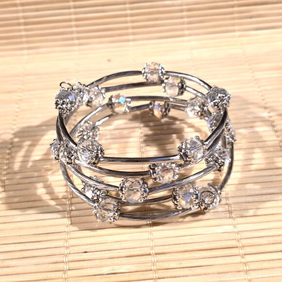 Silver Tone Crystal Wrap Bracelet With Clear Faceted Beads & Filigree Details - Picture 1 of 7